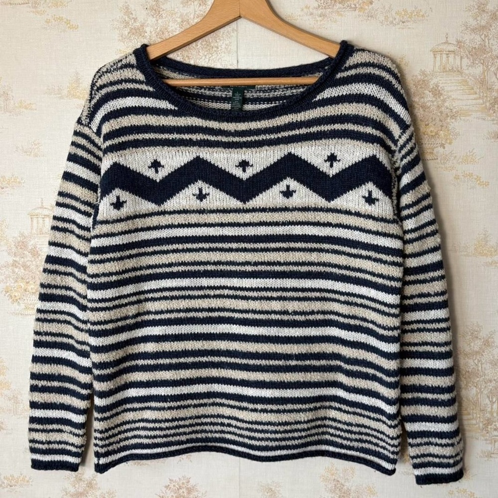 Vintage LRL Lauren Jeans Co. Ralph Lauren wool blue cream stripe sweater L - Picture 1 of 7